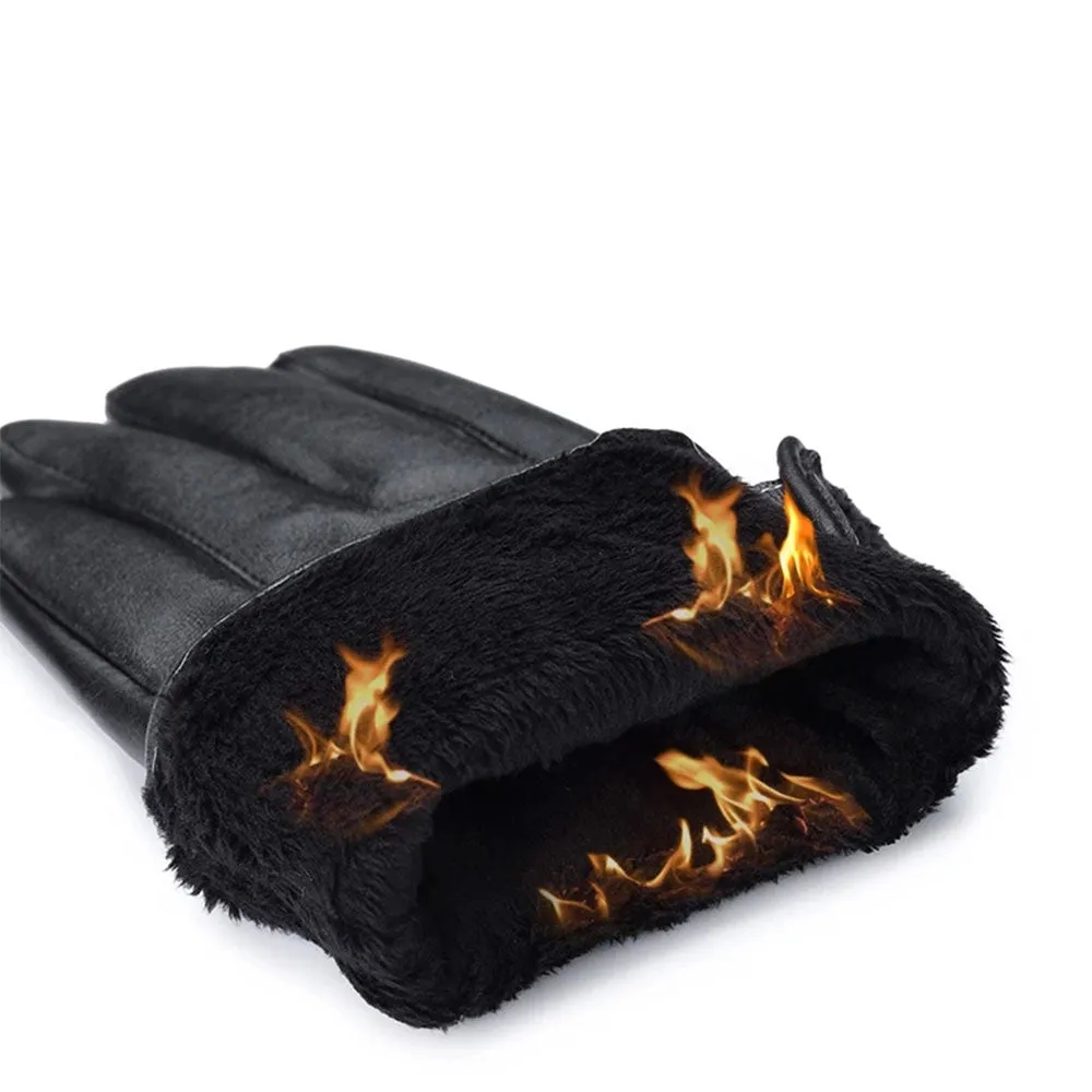 1 Pair High Quality Full Finger Black Riding Gloves  Men PU Leather Glove Winter Warm Touch Screen Gloves