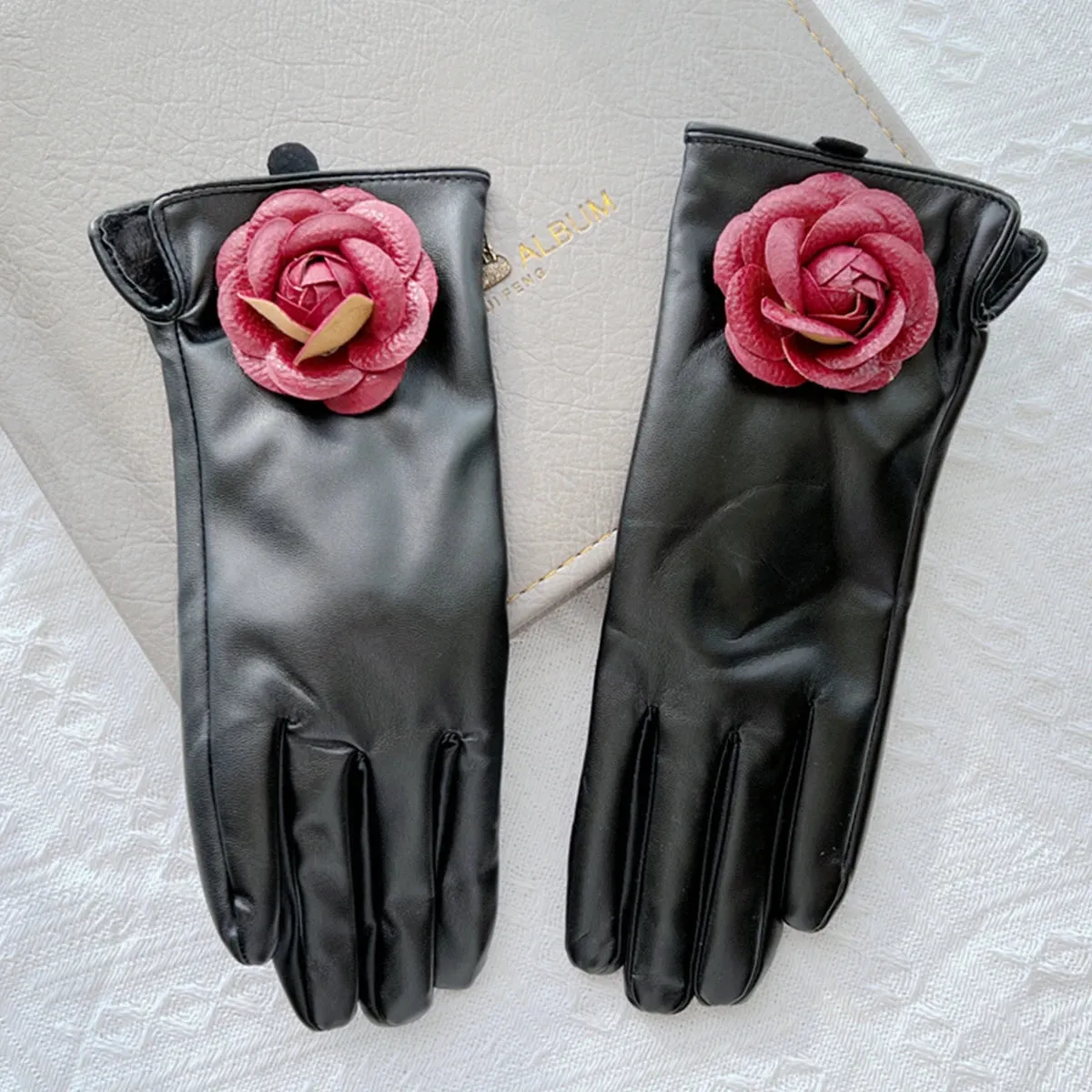 Brand Flower Women' PU Leather Gloves Winter Warm Plus Velvet Thicken Full Finger Outdoor Riding Touch Screen Driving Mittens