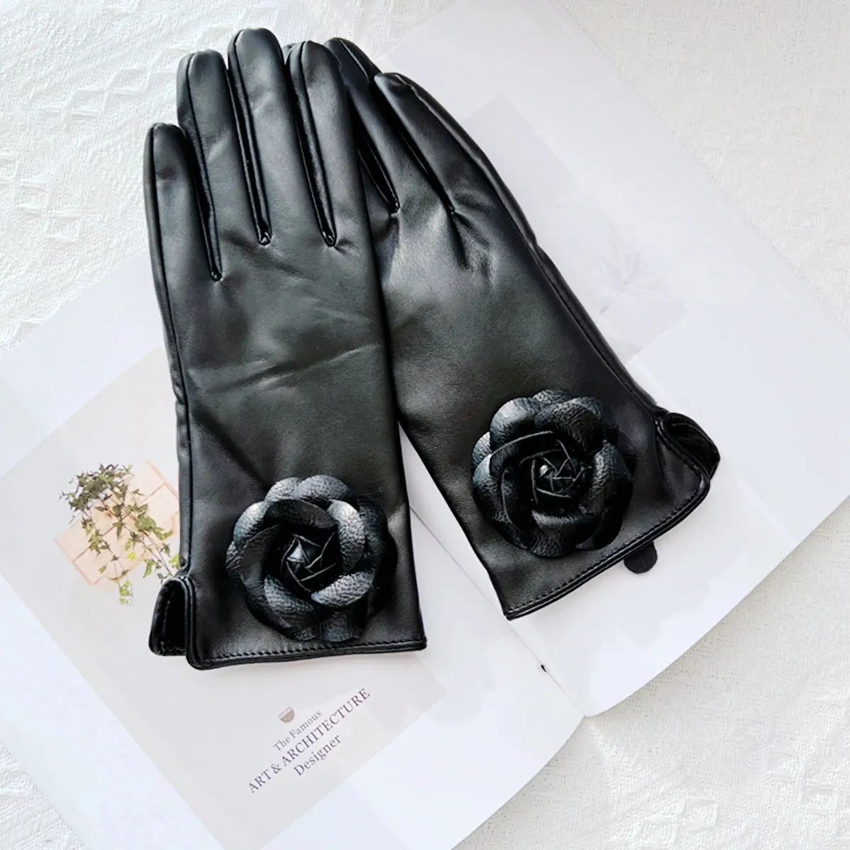 Brand Flower Women' PU Leather Gloves Winter Warm Plus Velvet Thicken Full Finger Outdoor Riding Touch Screen Driving Mittens