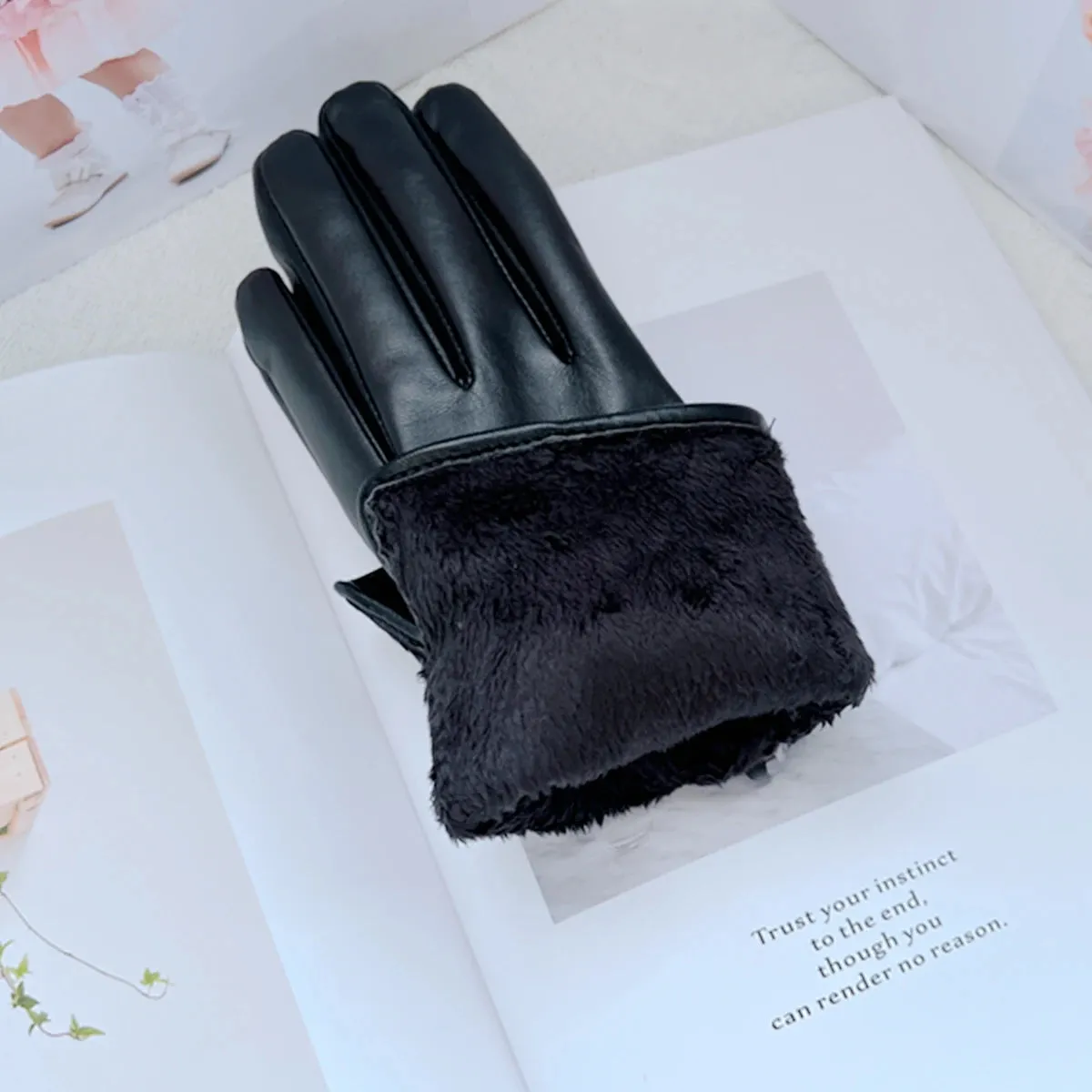 Brand Flower Women' PU Leather Gloves Winter Warm Plus Velvet Thicken Full Finger Outdoor Riding Touch Screen Driving Mittens