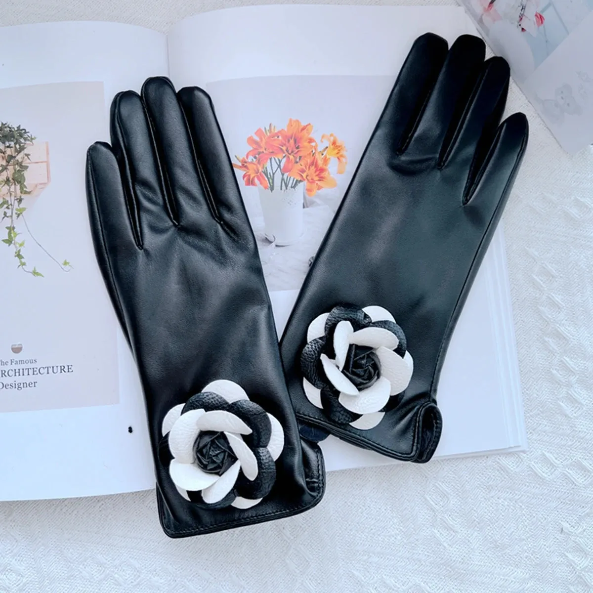 Brand Flower Women' PU Leather Gloves Winter Warm Plus Velvet Thicken Full Finger Outdoor Riding Touch Screen Driving Mittens