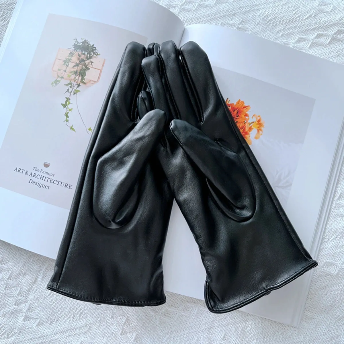 Brand Flower Women' PU Leather Gloves Winter Warm Plus Velvet Thicken Full Finger Outdoor Riding Touch Screen Driving Mittens