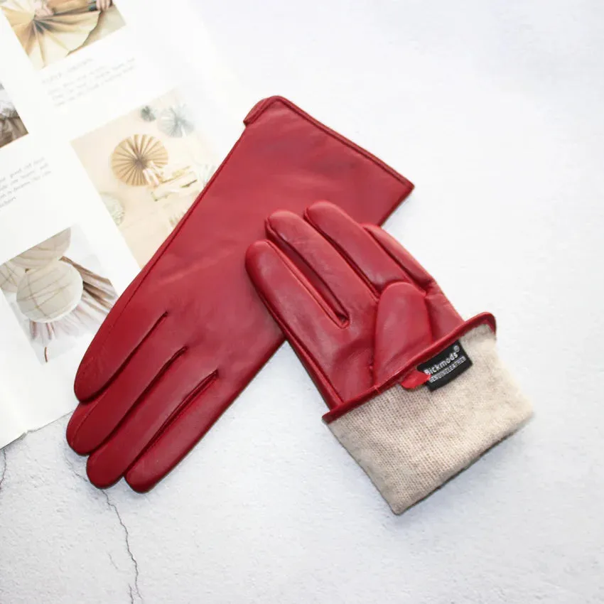 Color Sheepskin Gloves Women's Genuine Leather Fashion Straight Wool Lining Spring and Autumn Warm Outdoor Travel Driving