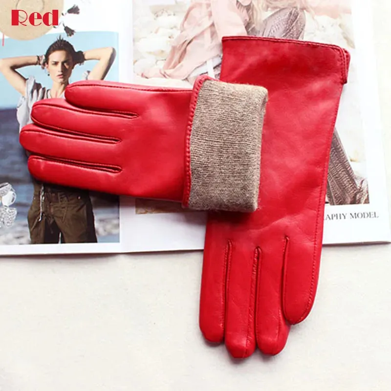 Color Sheepskin Gloves Women's Genuine Leather Fashion Straight Wool Lining Spring and Autumn Warm Outdoor Travel Driving
