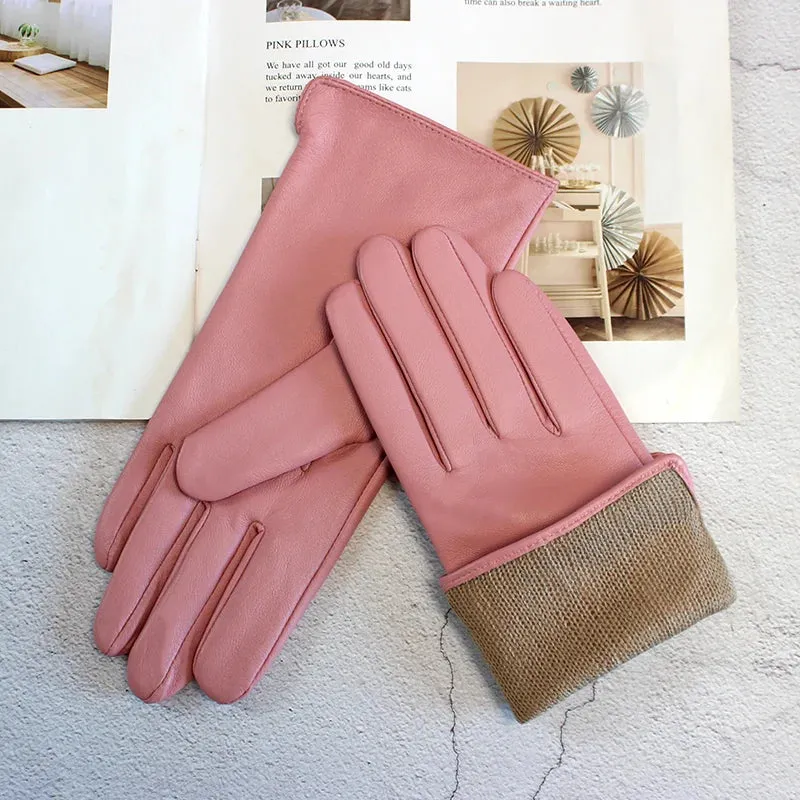 Color Sheepskin Gloves Women's Genuine Leather Fashion Straight Wool Lining Spring and Autumn Warm Outdoor Travel Driving