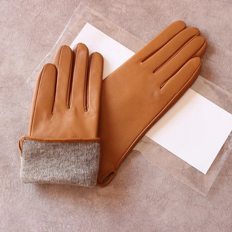 Color Sheepskin Gloves Women's Genuine Leather Fashion Straight Wool Lining Spring and Autumn Warm Outdoor Travel Driving