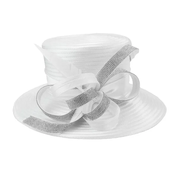 Jayda | Rhinestone Ribbon w/ Feather Satin Braid Boater Hat