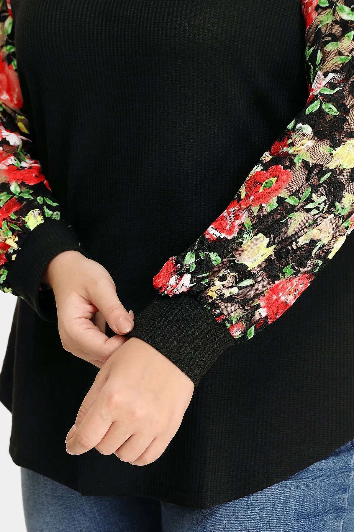 Raglan Stylish Lace Floral Long Sleeves Shirt