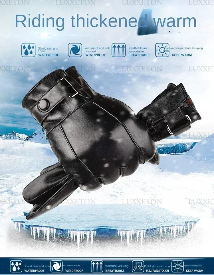 Winter Gloves For Men Genuine Leather Gloves Outdoor Cycling Black Real Sheepskin Keep Warm Driving Motorcycle Gloves